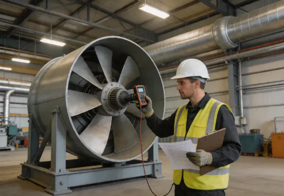 Engineer inspecting axial fan assembly
